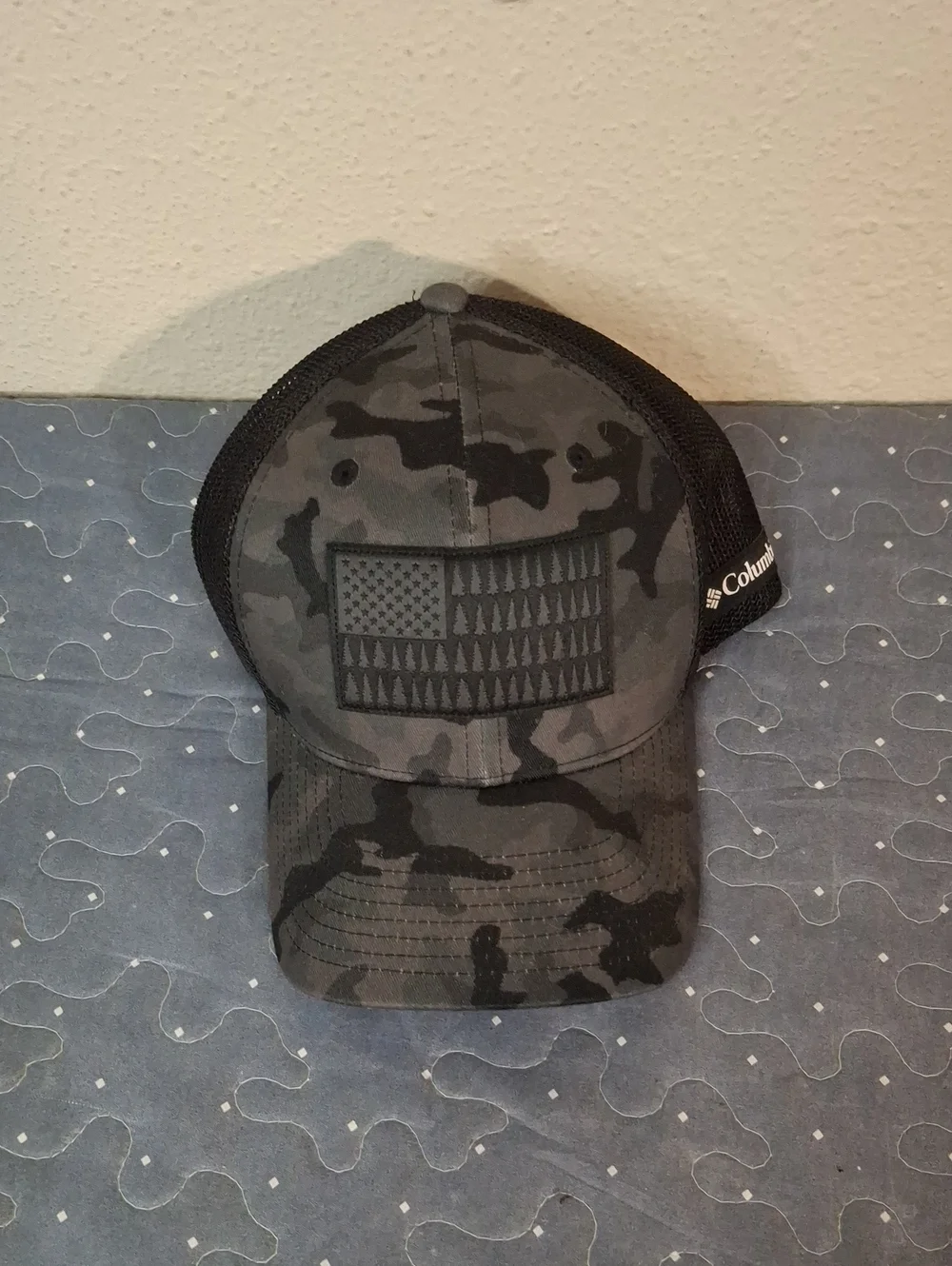 Columbia Black & Dark Gray Camo Trucker Hat with Flag Patch